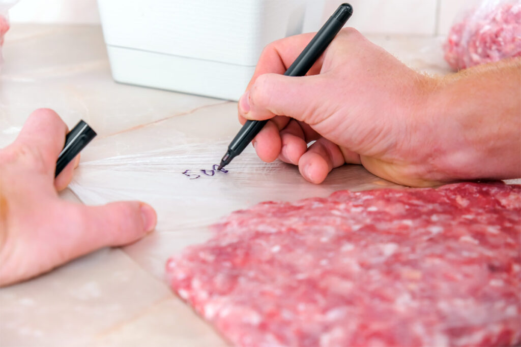 Rinderhack in Plastikbeutel verpacken